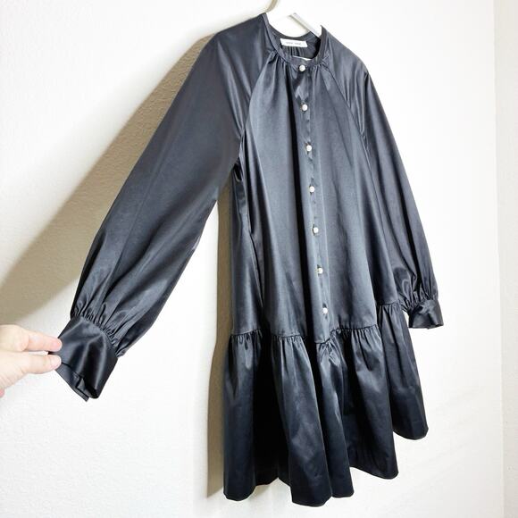 Samsoe Samsoe Black Satin Balloon Sleeve Pocketed Swing Dress XS - Picture 3 of 12